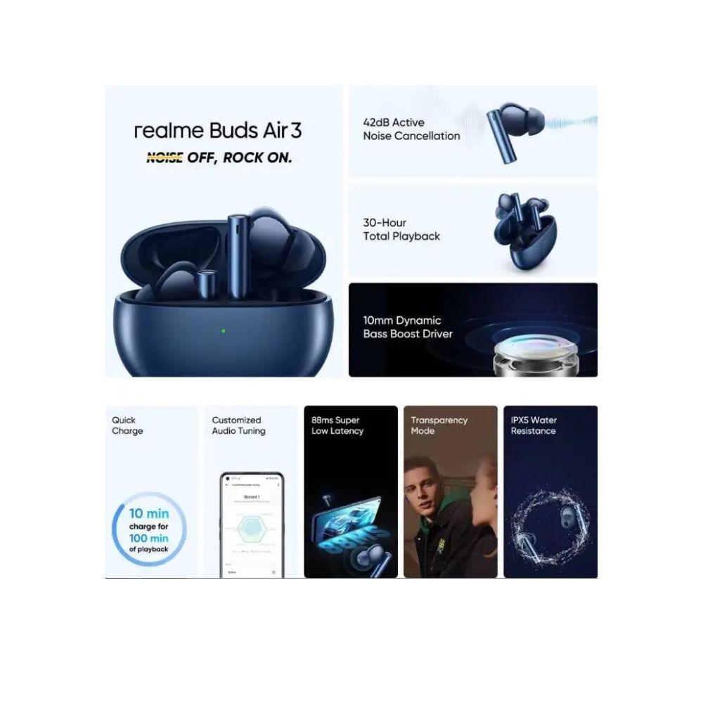 Realme Buds Air 3 with Fast Charge & Active Noise Cancellation (ANC) Bluetooth Headset Starry Blue