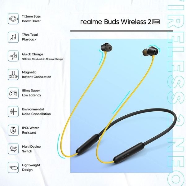 Realme Buds Wireless 2 Neo with Type-C Fast Charge & Bass Boost+ Bluetooth Headset (Black, In the Ear)