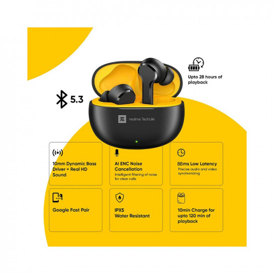 realme TechLife Buds T100 Bluetooth Truly Wireless in Ear Earbuds with mic, AI ENC for Calls