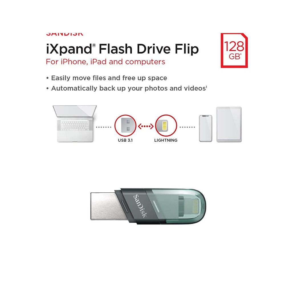 Sandisk iXpand USB 3.0 Flash Drive Flip 128GB for iOS and Windows, Metalic