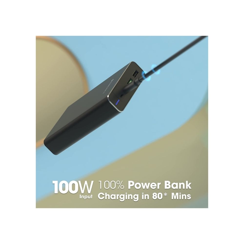 Zebronics zeb-m20mq100 power bank 19200 mah, 100w rapid charging (input & output), metal body, 2 x usb output ports, type c input